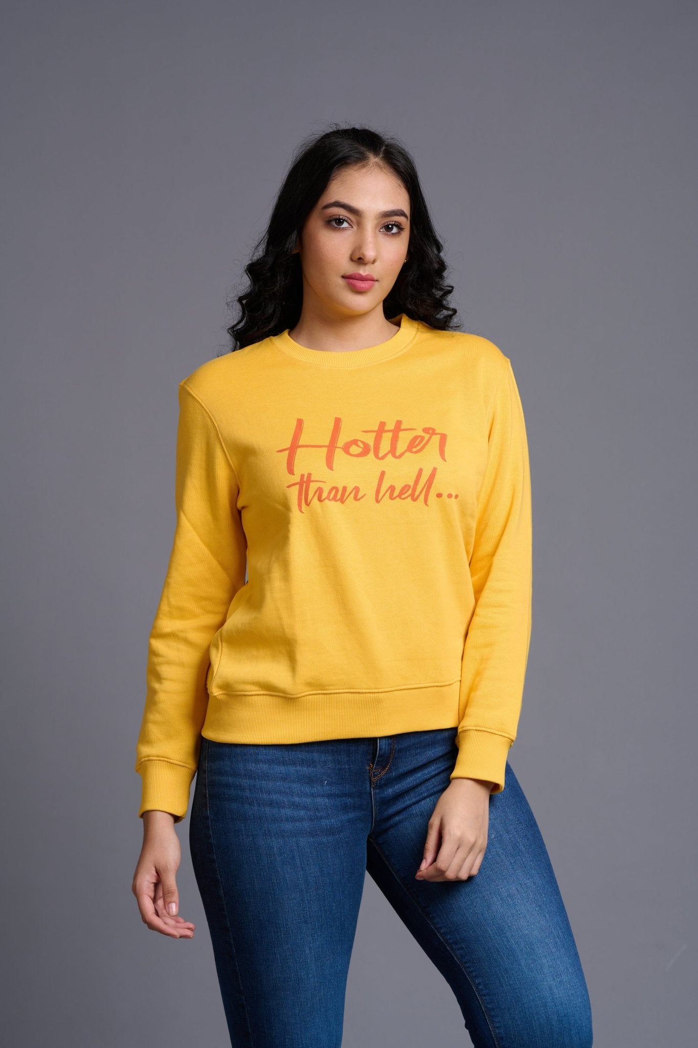 Hotter Then Hell Printed Yellowish Sweatshirt for Women - Go Devil