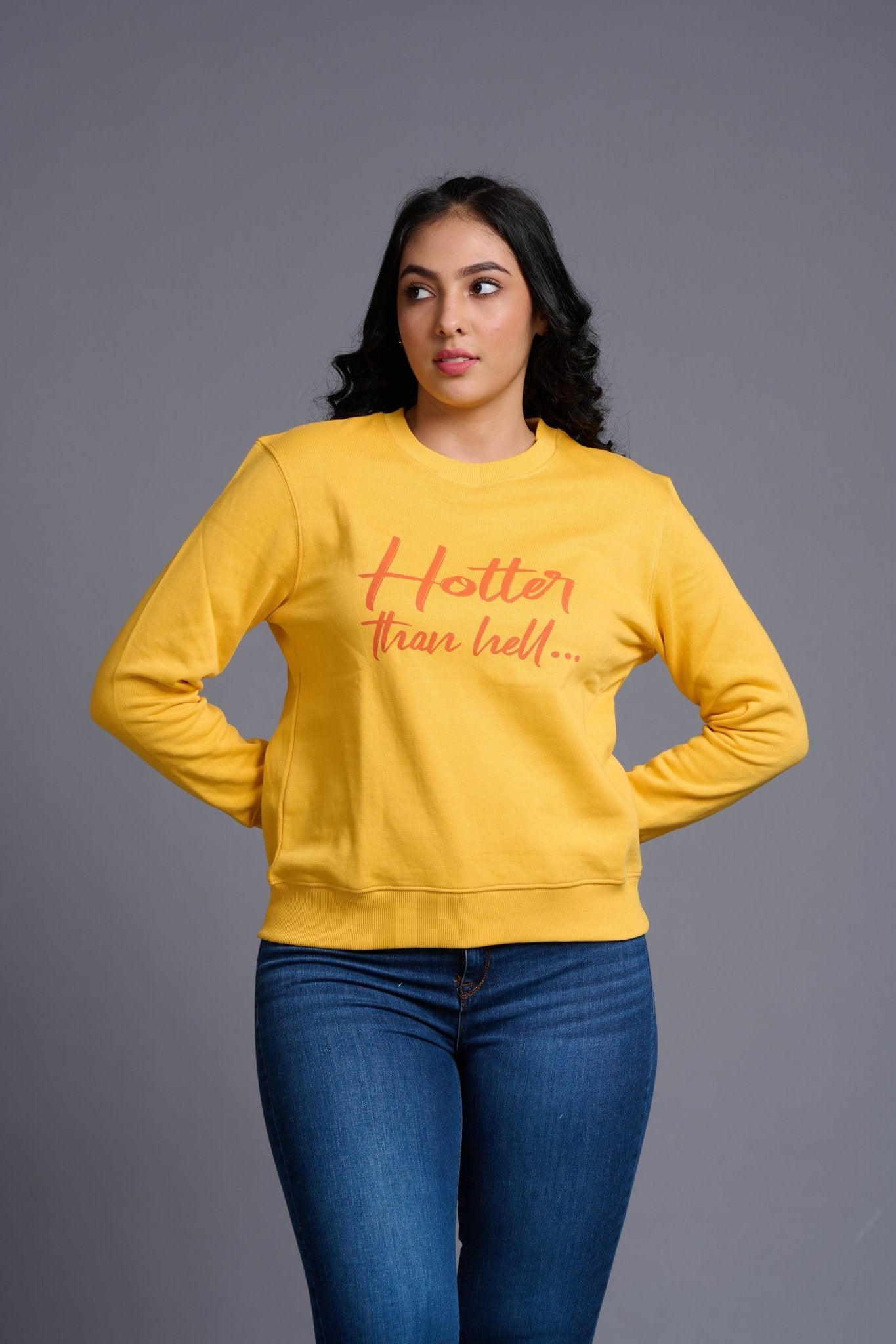 Hotter Then Hell Printed Yellowish Sweatshirt for Women - Go Devil