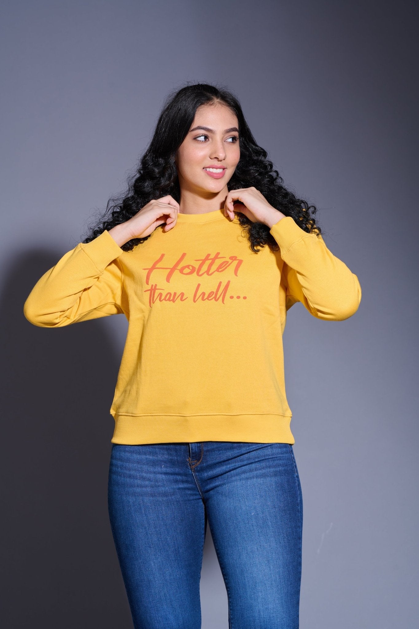 Hotter Then Hell Printed Yellowish Sweatshirt for Women - Go Devil