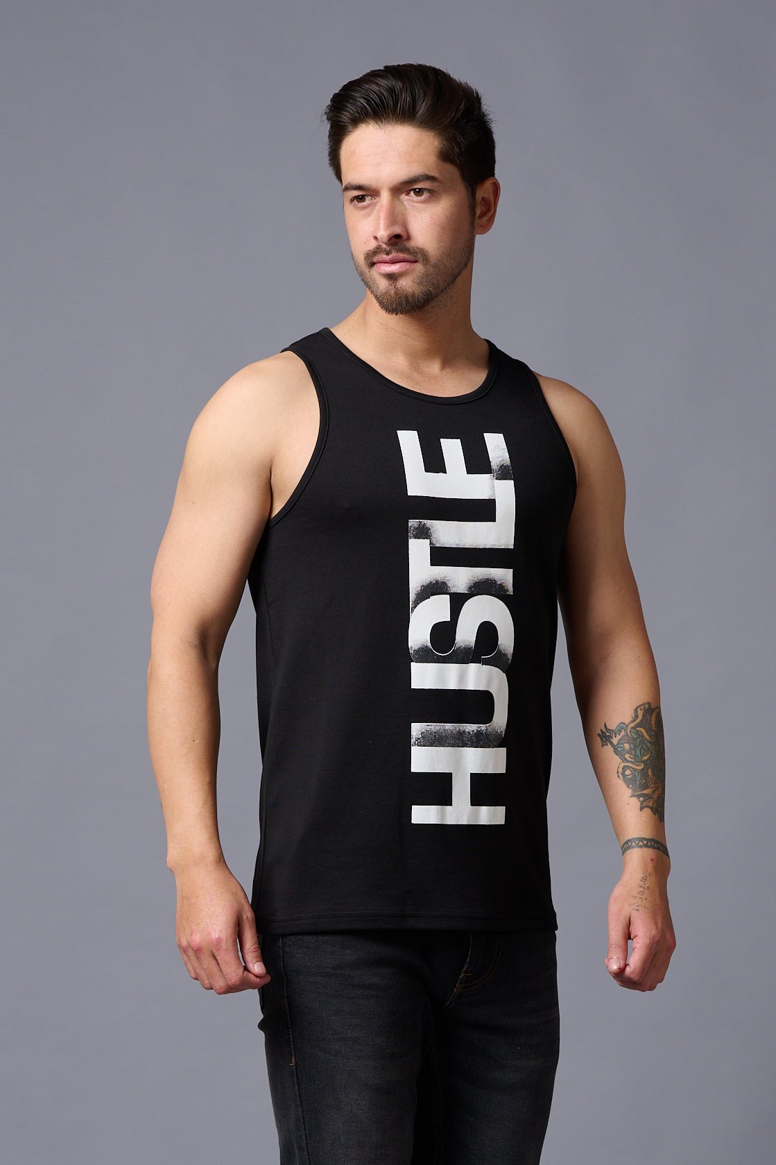 Husstle Printed Black Vest for Men - Go Devil