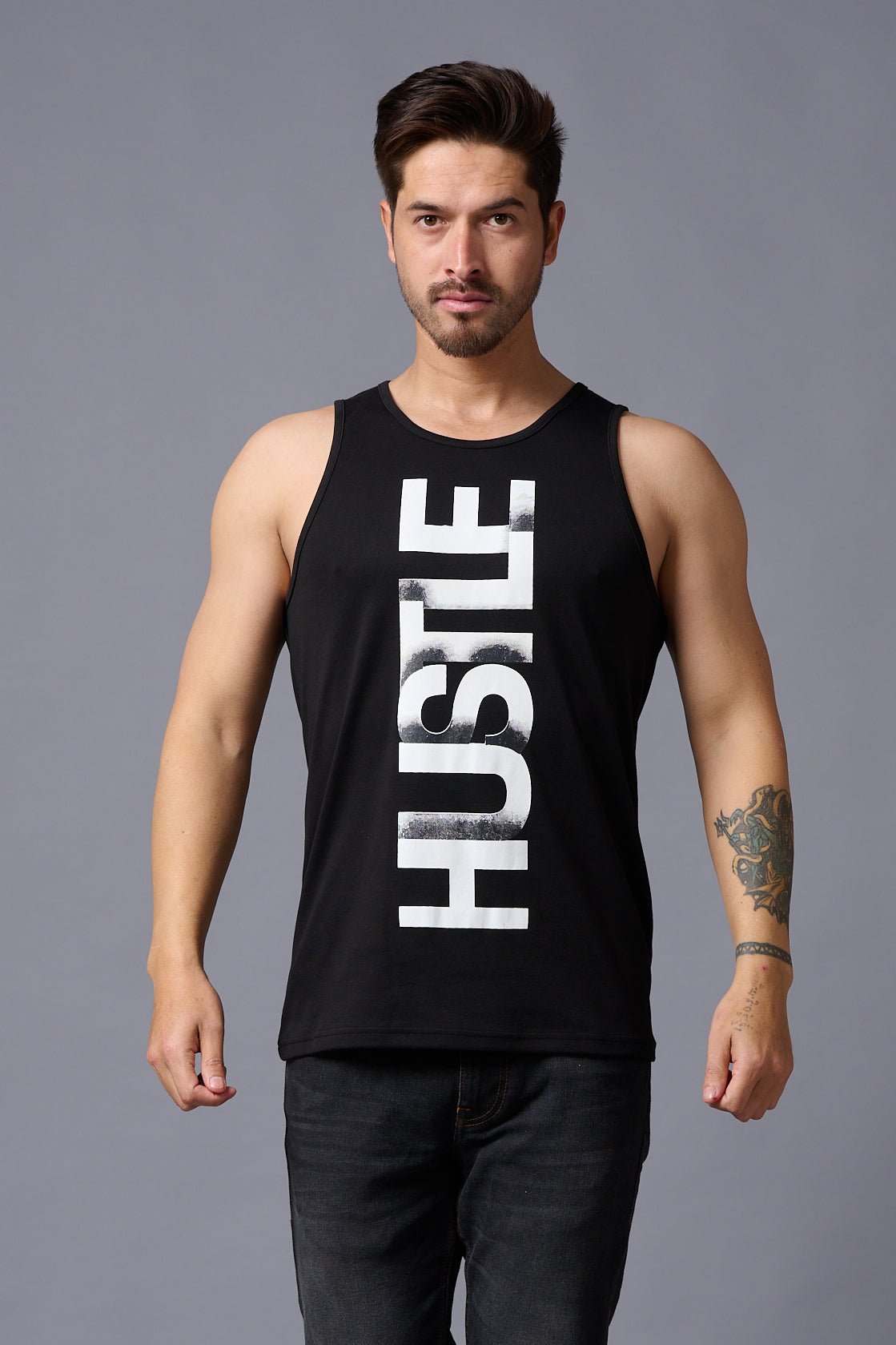 Husstle Printed Black Vest for Men - Go Devil