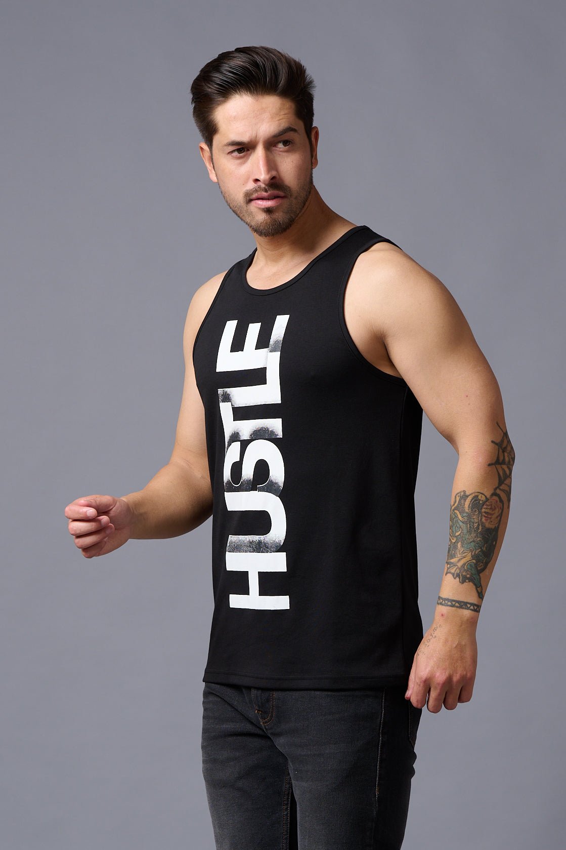 Husstle Printed Black Vest for Men - Go Devil