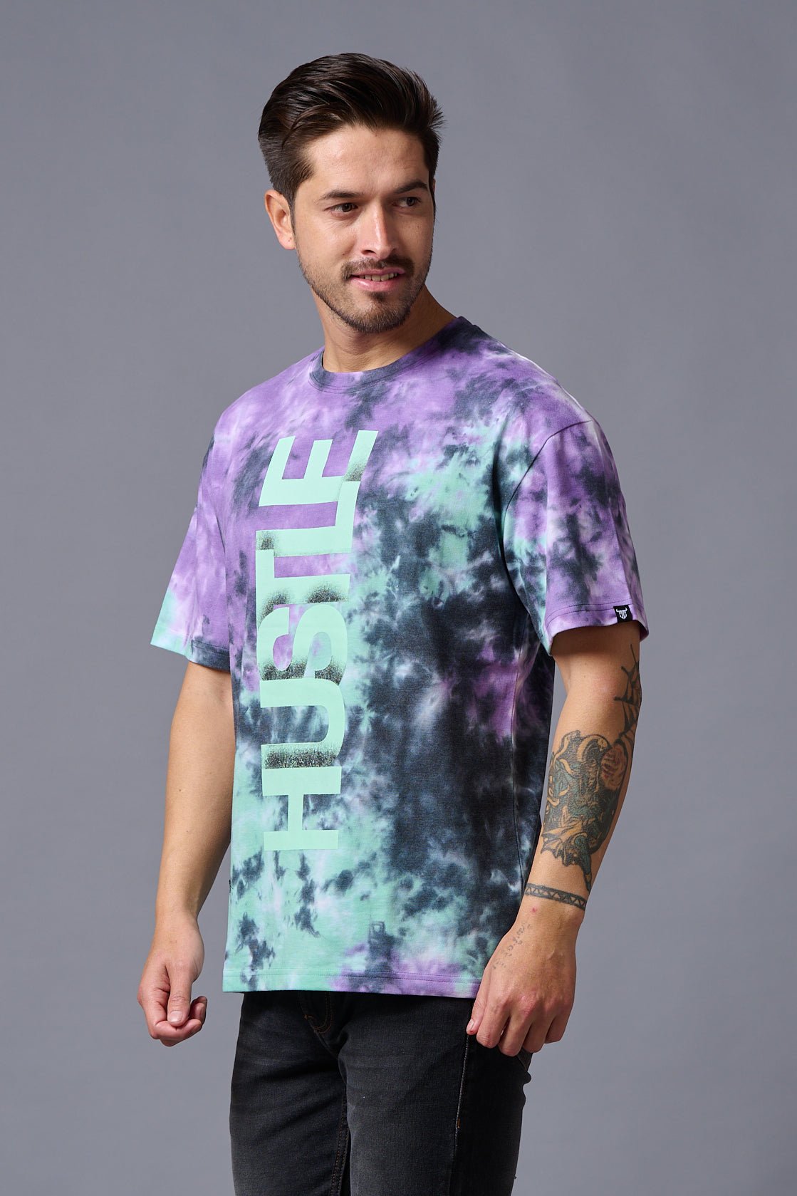 Hustle Printed Tye Die Oversized T-Shirt for Men - Go Devil