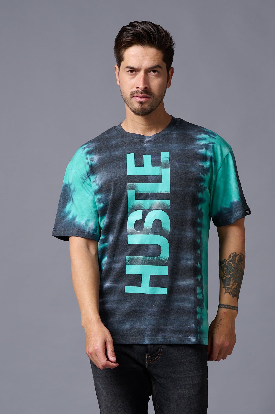 Hustle Printed Tye Die Oversized T-Shirt for Men - Go Devil