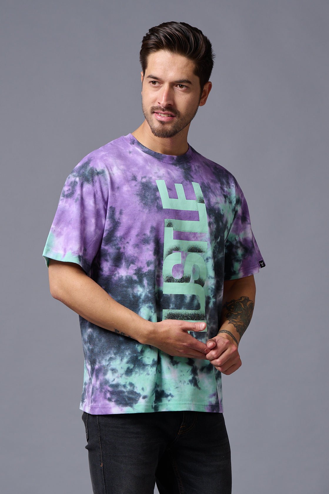 Hustle Printed Tye Die Oversized T-Shirt for Men - Go Devil