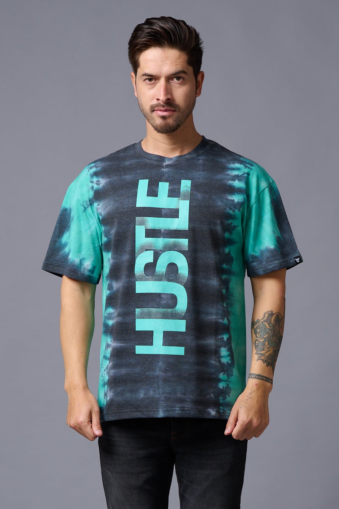Hustle Printed Tye Die Oversized T-Shirt for Men - Go Devil