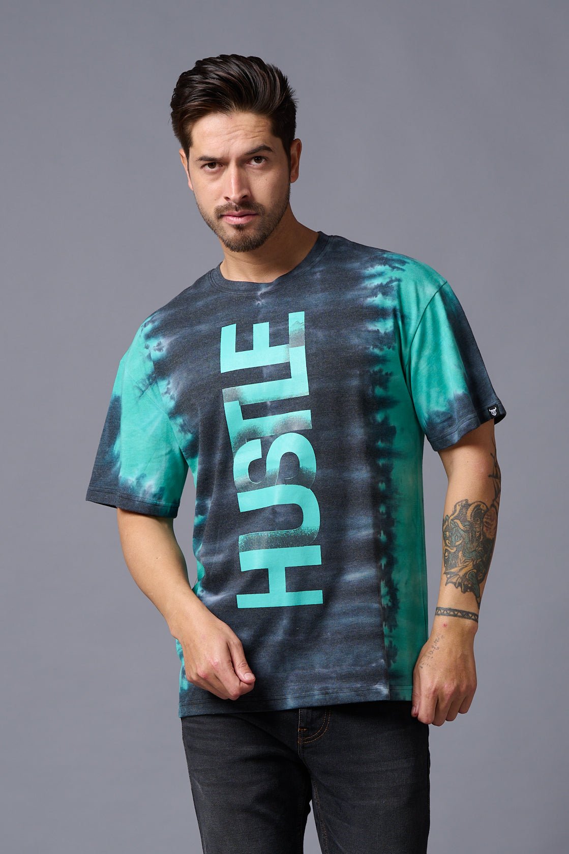 Hustle Printed Tye Die Oversized T-Shirt for Men - Go Devil
