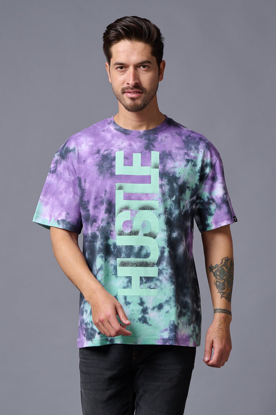 Hustle Printed Tye Die Oversized T-Shirt for Men - Go Devil