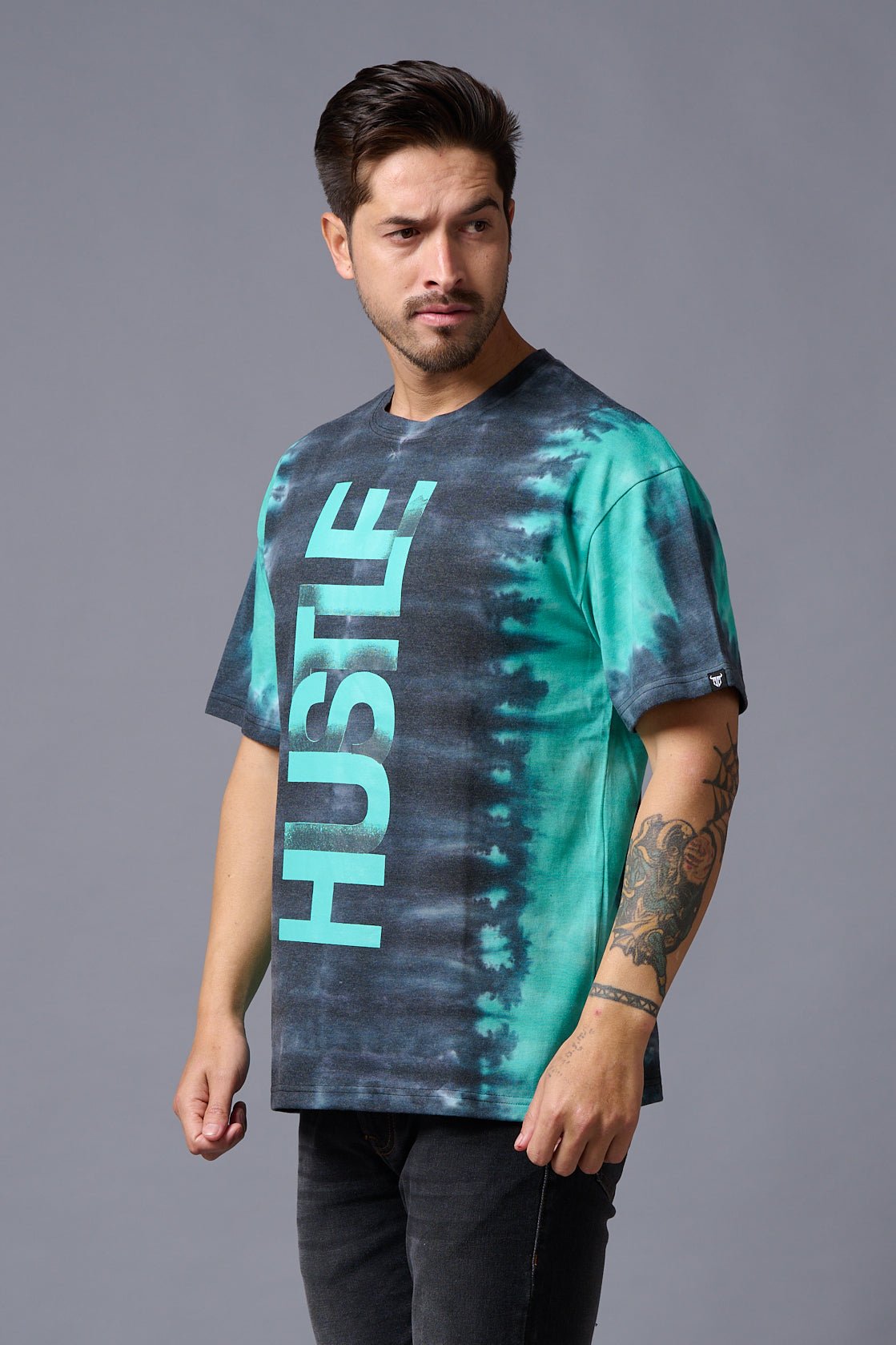 Hustle Printed Tye Die Oversized T-Shirt for Men - Go Devil