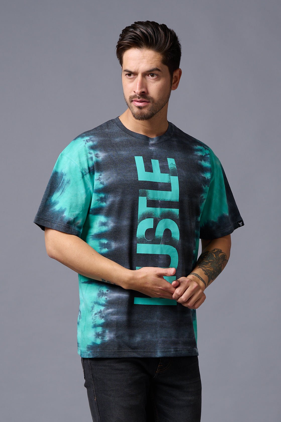 Hustle Printed Tye Die Oversized T-Shirt for Men - Go Devil