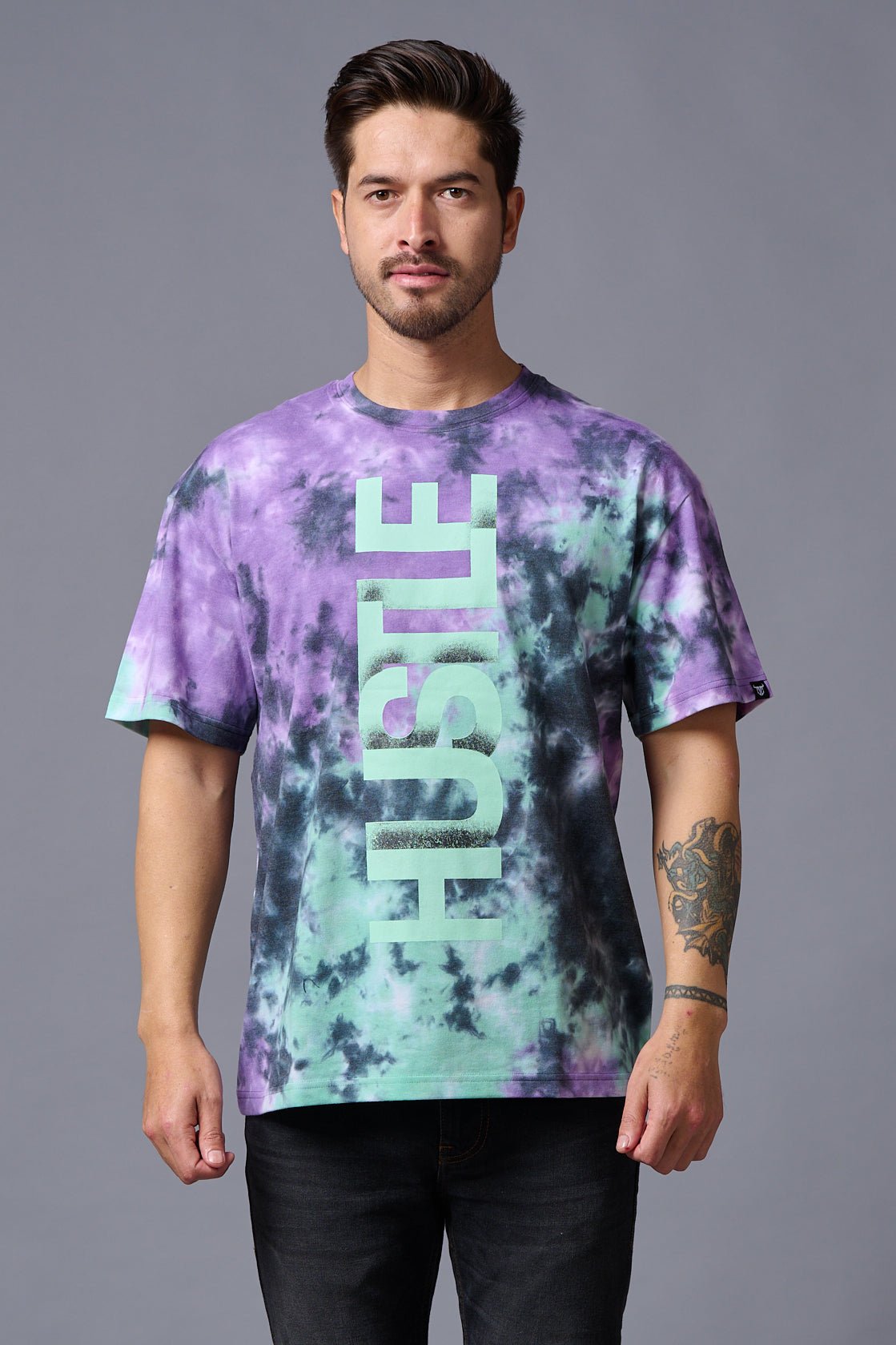 Hustle Printed Tye Die Oversized T-Shirt for Men - Go Devil