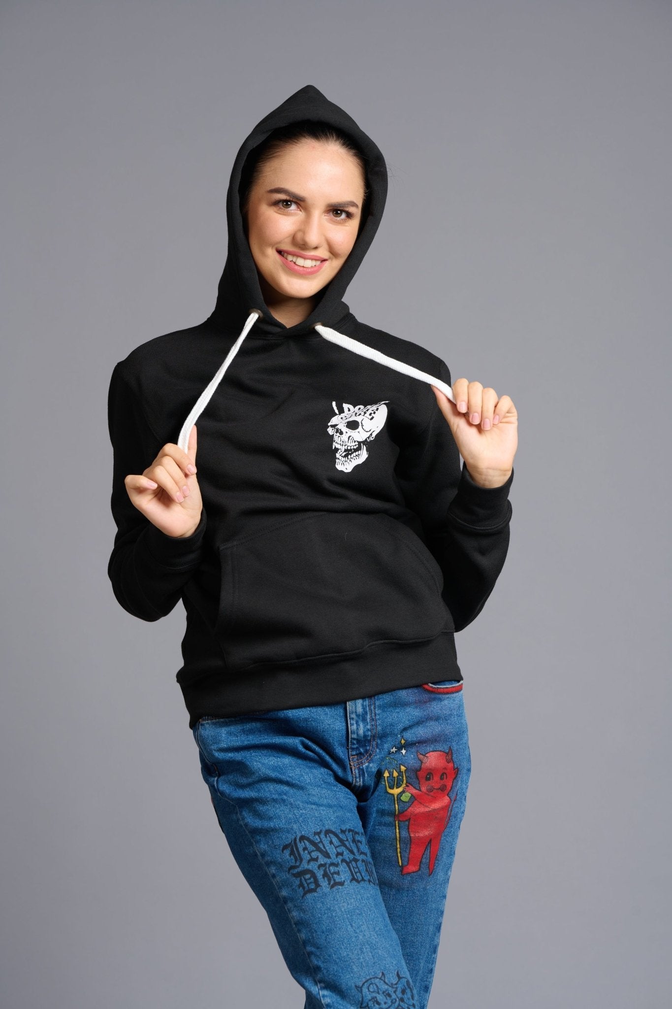 I Don't Care Printed Black Hoodie for Women - Go Devil