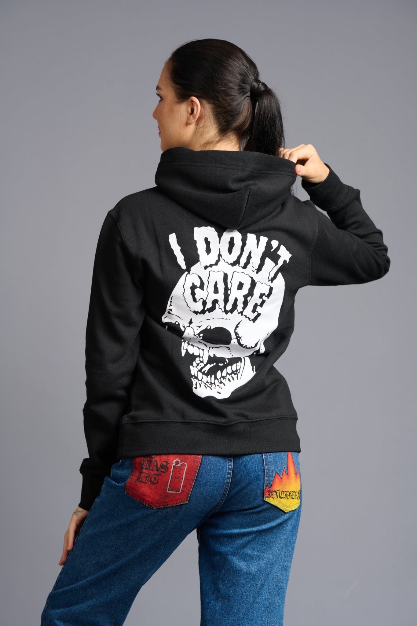 I Don't Care Printed Black Hoodie for Women - Go Devil