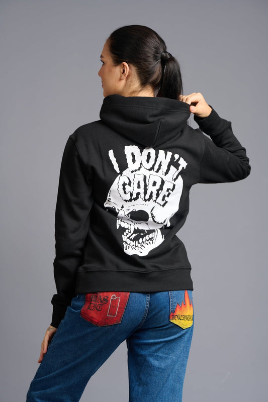 I Don't Care Printed Black Hoodie for Women - Go Devil