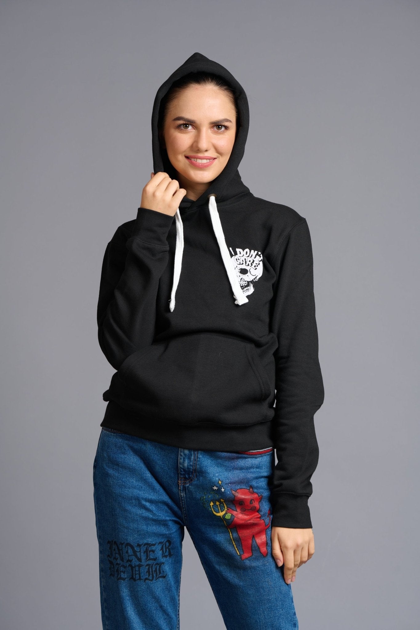I Don't Care Printed Black Hoodie for Women - Go Devil