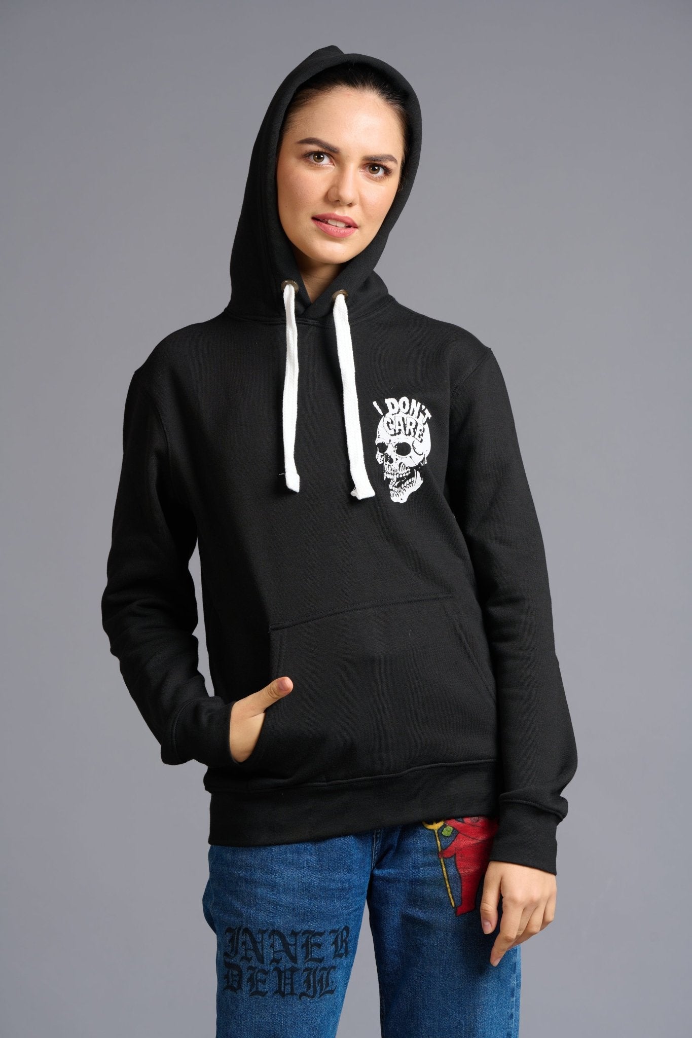 I Don't Care Printed Black Hoodie for Women - Go Devil