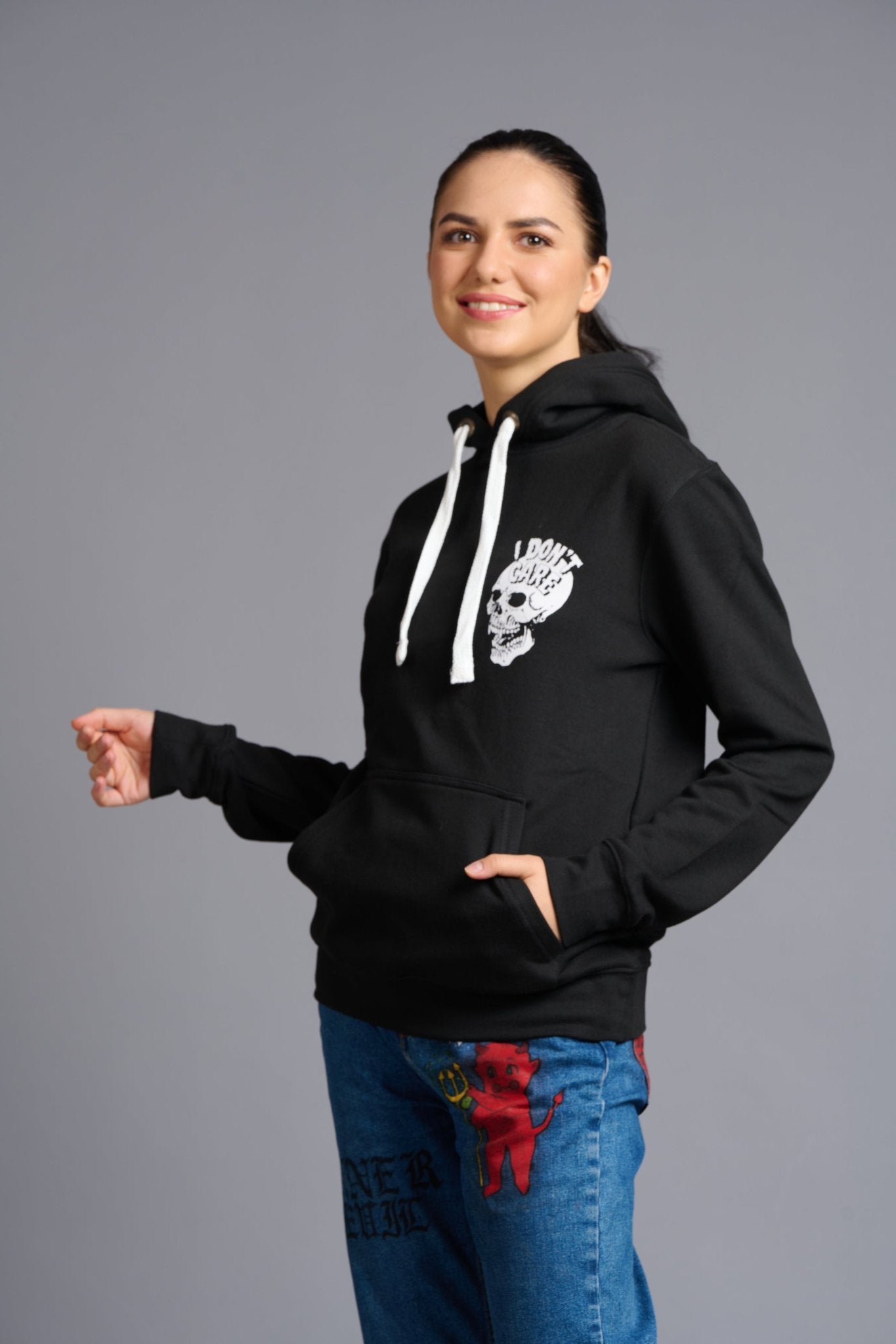 I Don't Care Printed Black Hoodie for Women - Go Devil