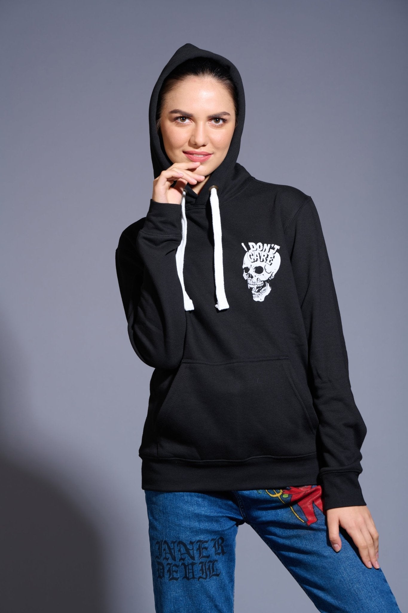 I Don't Care Printed Black Hoodie for Women - Go Devil