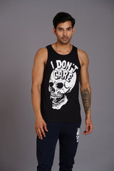 I Don't Care Printed Black Vest (Activewear) for Men - Go Devil