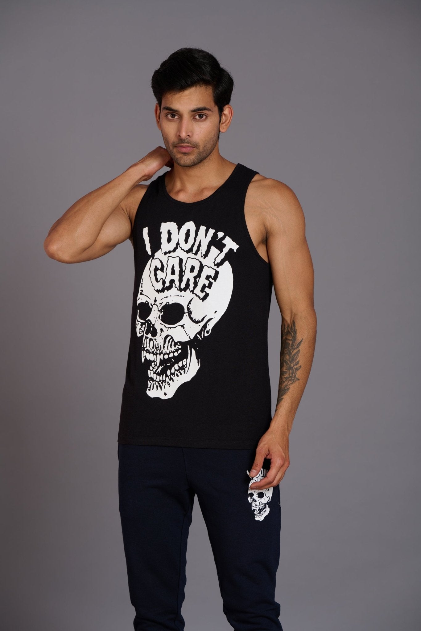 I Don't Care Printed Black Vest (Activewear) for Men - Go Devil