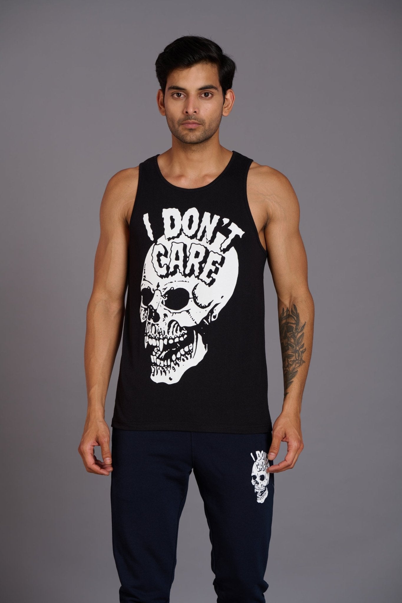 I Don't Care Printed Black Vest (Activewear) for Men - Go Devil