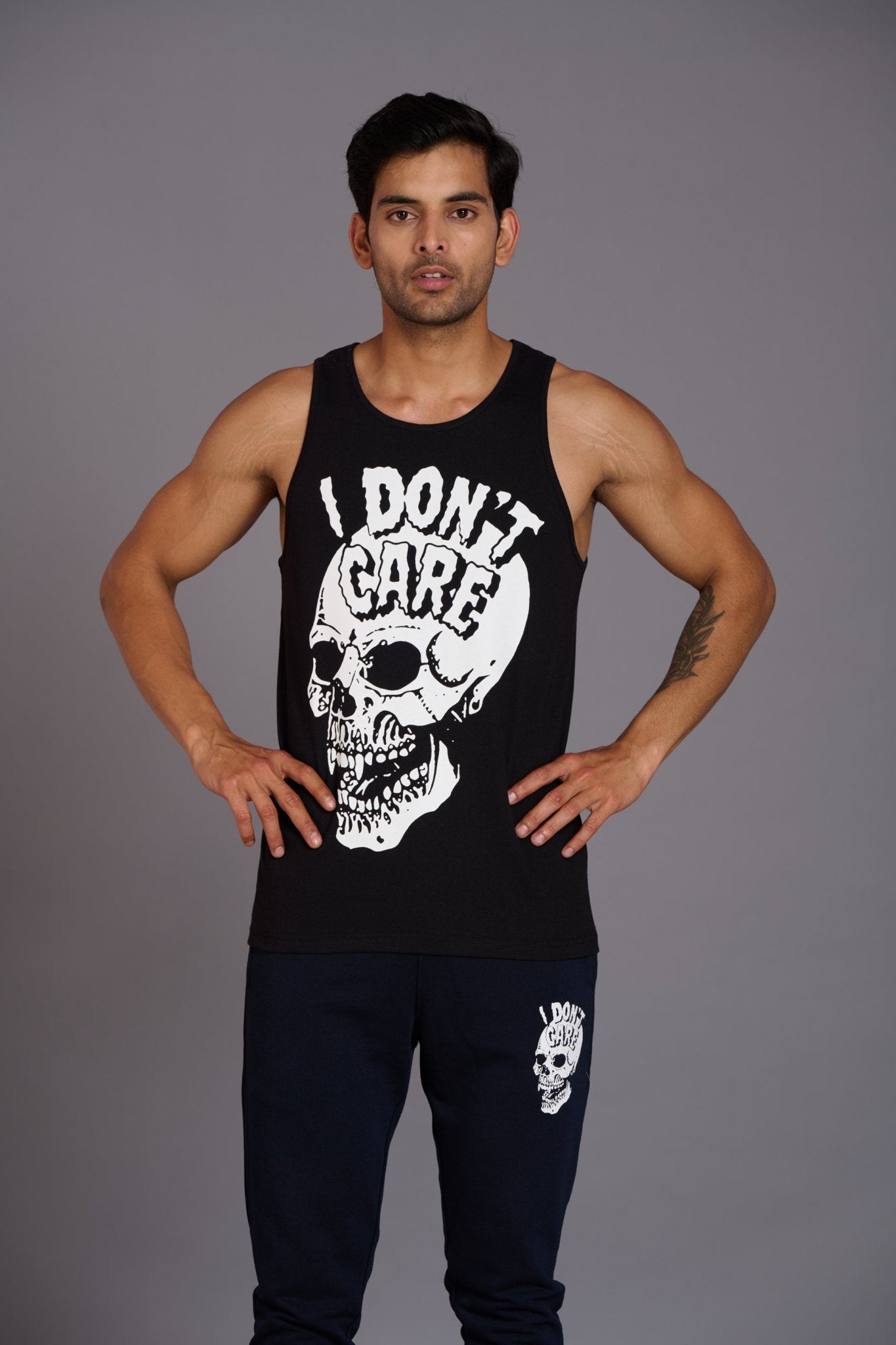 I Don't Care Printed Black Vest (Activewear) for Men - Go Devil