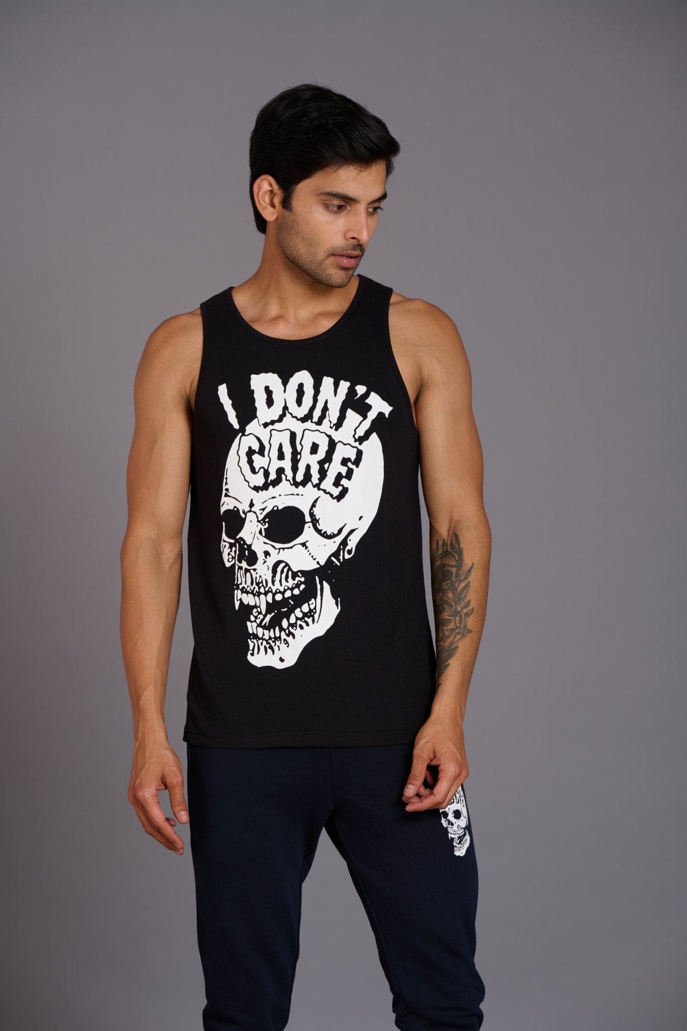 I Don't Care Printed Black Vest (Activewear) for Men - Go Devil