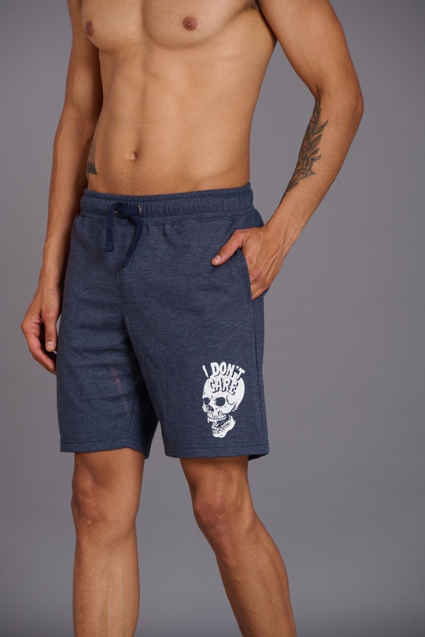 I Don’t Care & Skull Printed Blue Shorts for Men - Go Devil