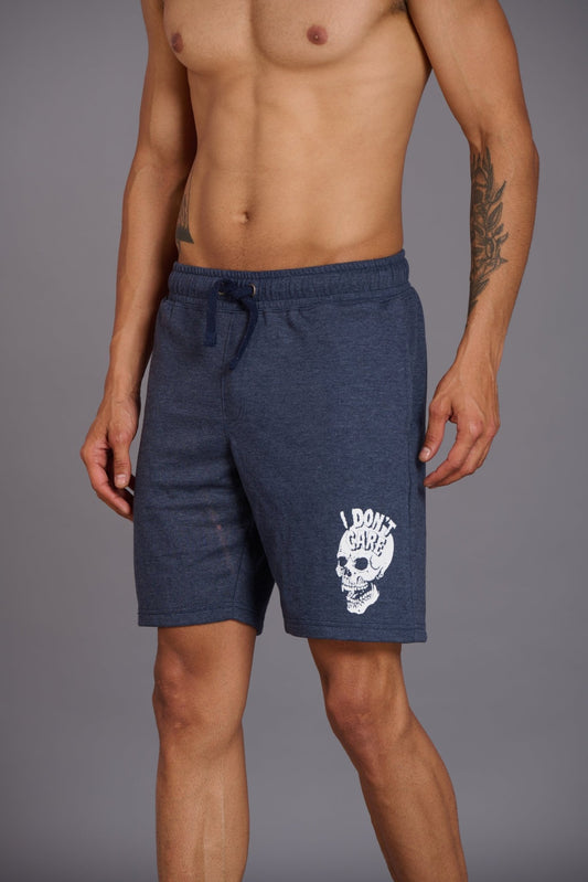 I Don’t Care & Skull Printed Blue Shorts for Men - Go Devil