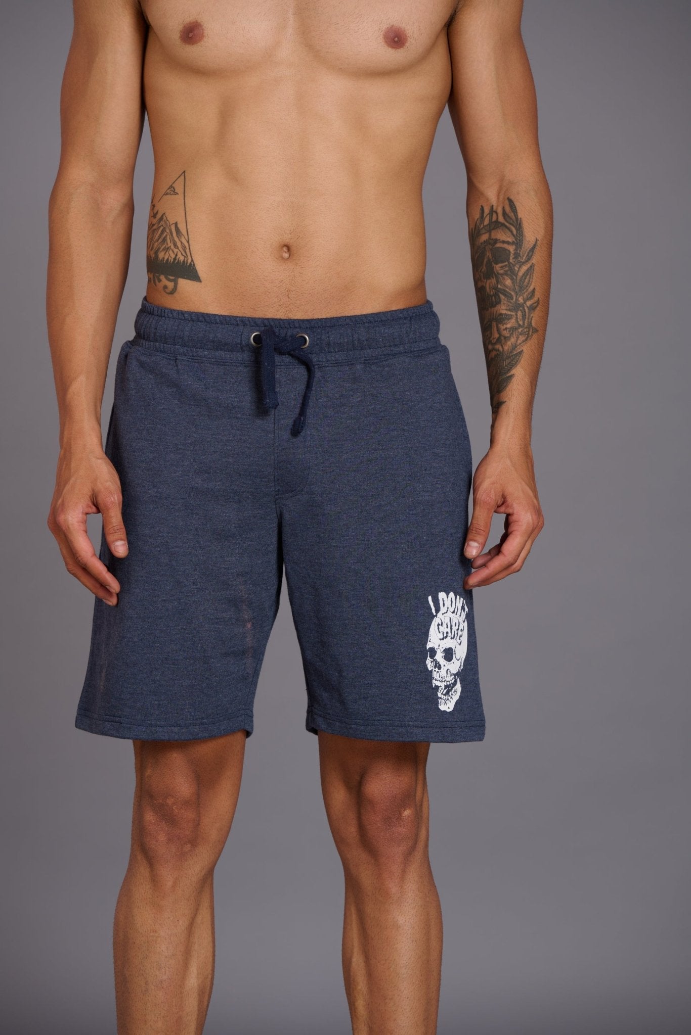 I Don’t Care & Skull Printed Blue Shorts for Men - Go Devil