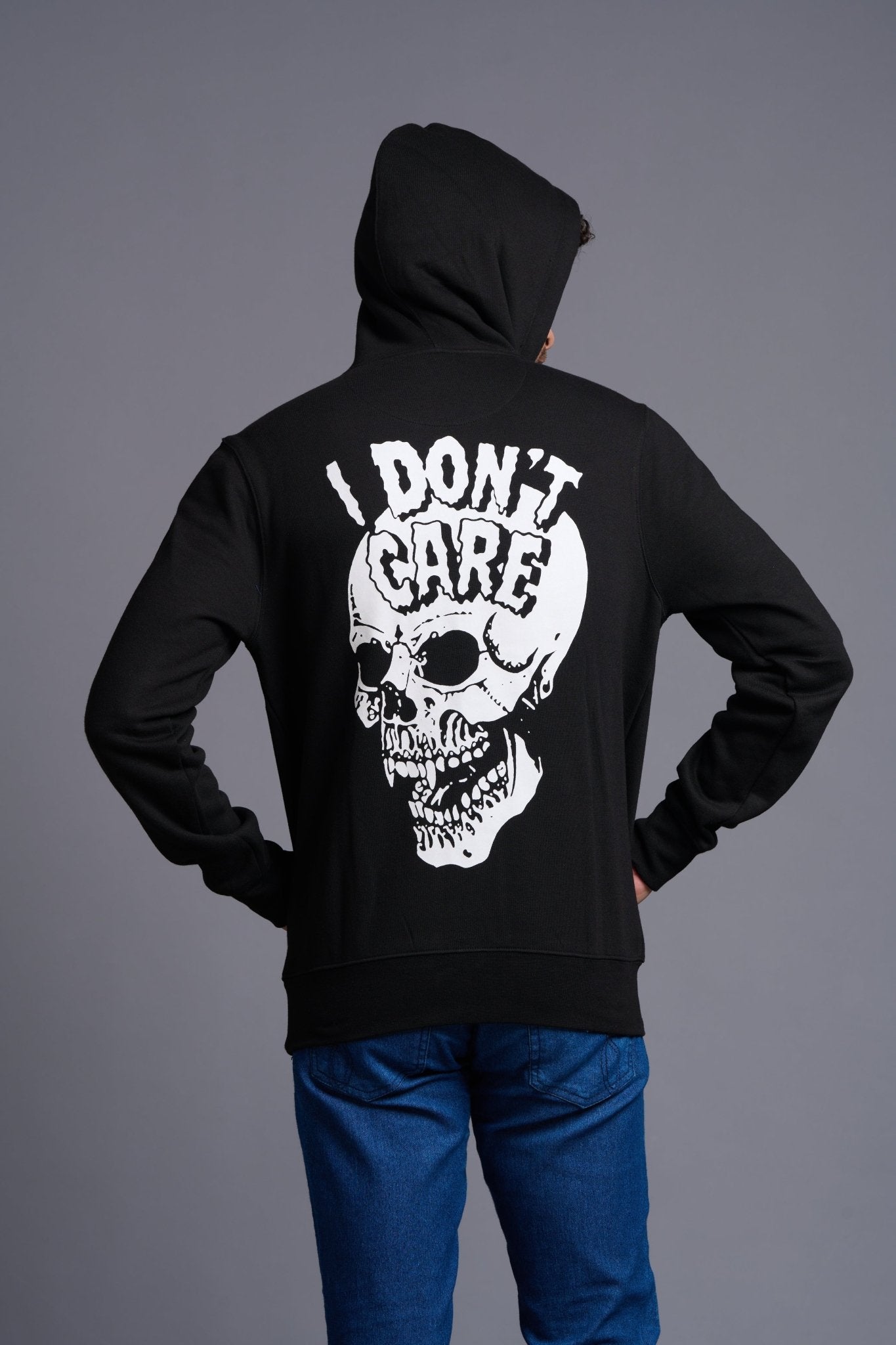 I Don't Care With Skull Printed Black Hoodie for Men - Go Devil