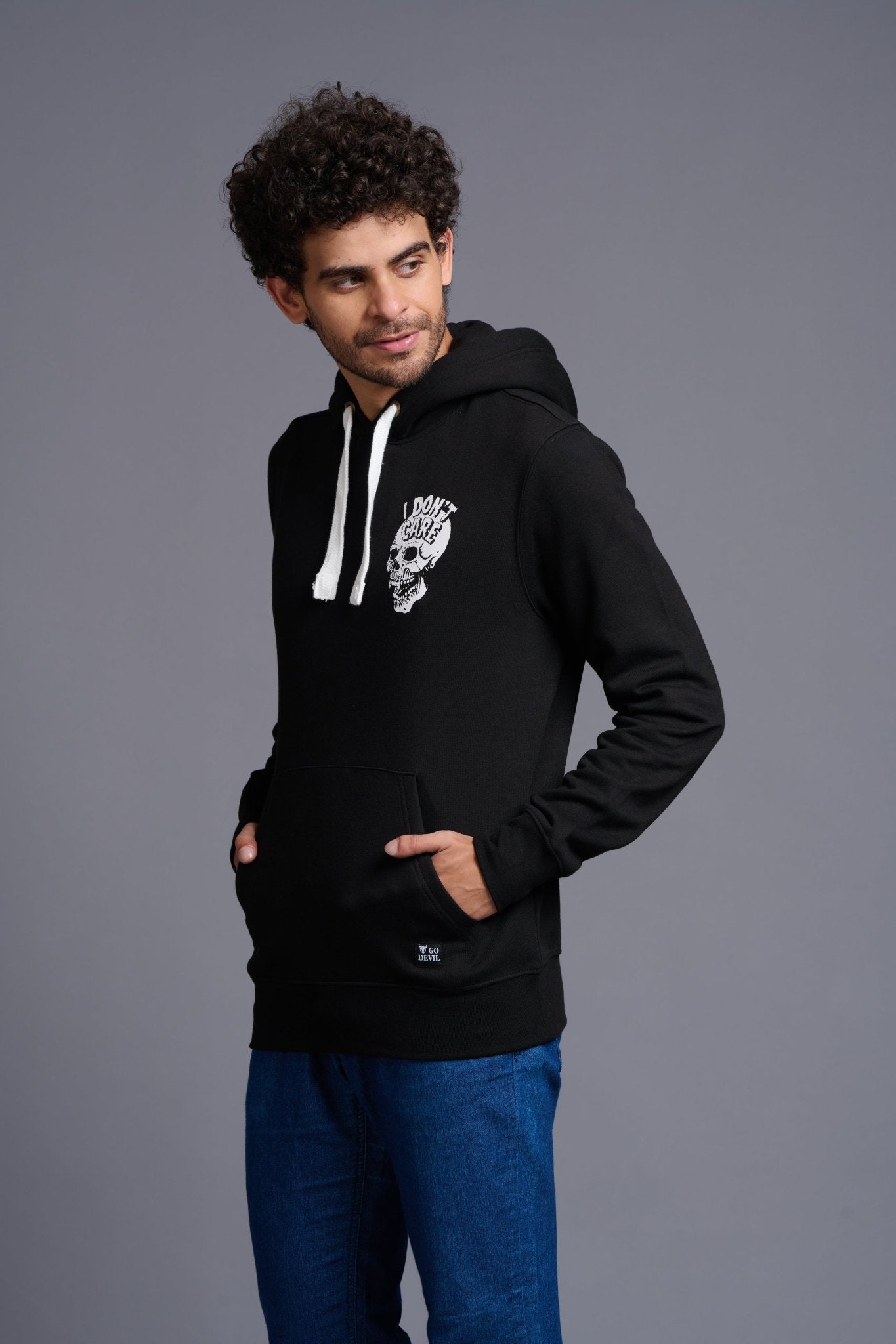 I Don't Care With Skull Printed Black Hoodie for Men - Go Devil