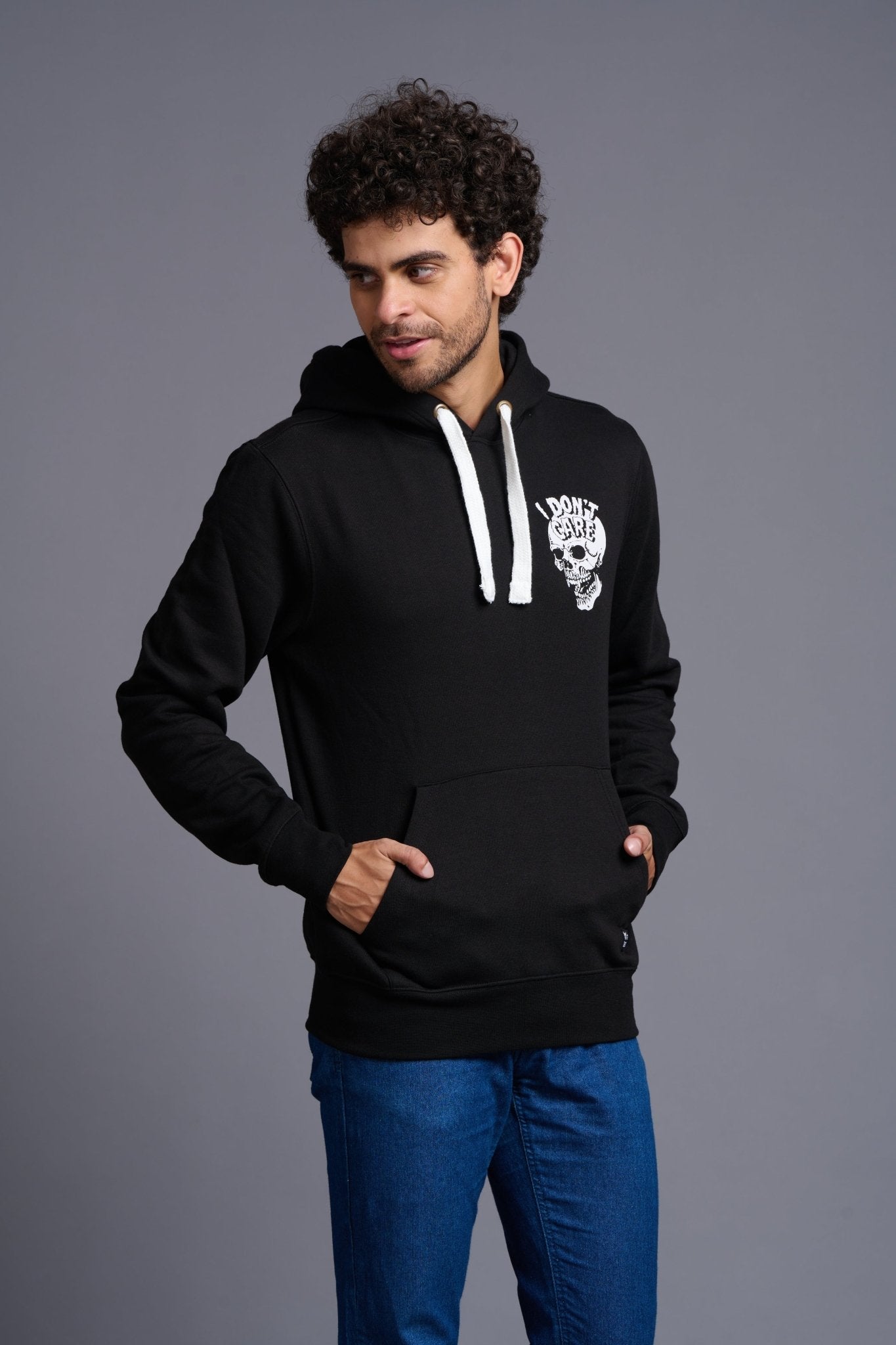 I Don't Care With Skull Printed Black Hoodie for Men - Go Devil