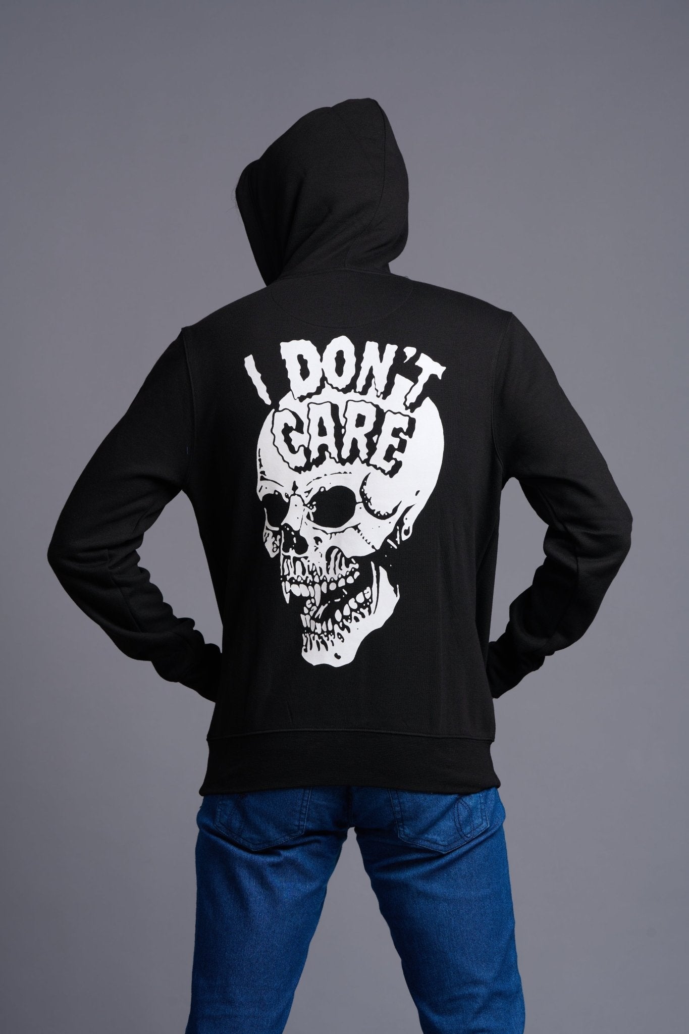 I Don't Care With Skull Printed Black Hoodie for Men - Go Devil