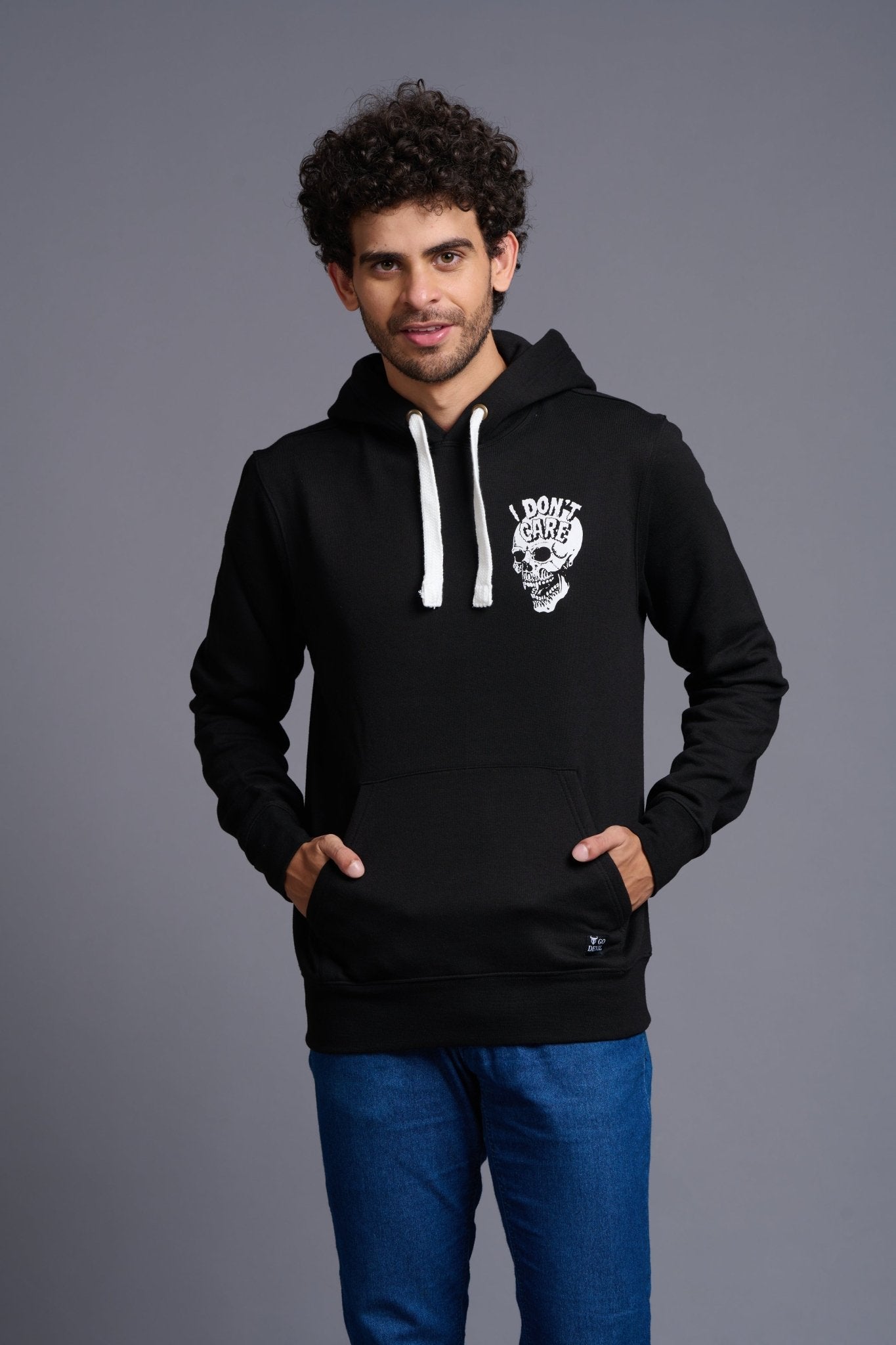 I Don't Care With Skull Printed Black Hoodie for Men - Go Devil