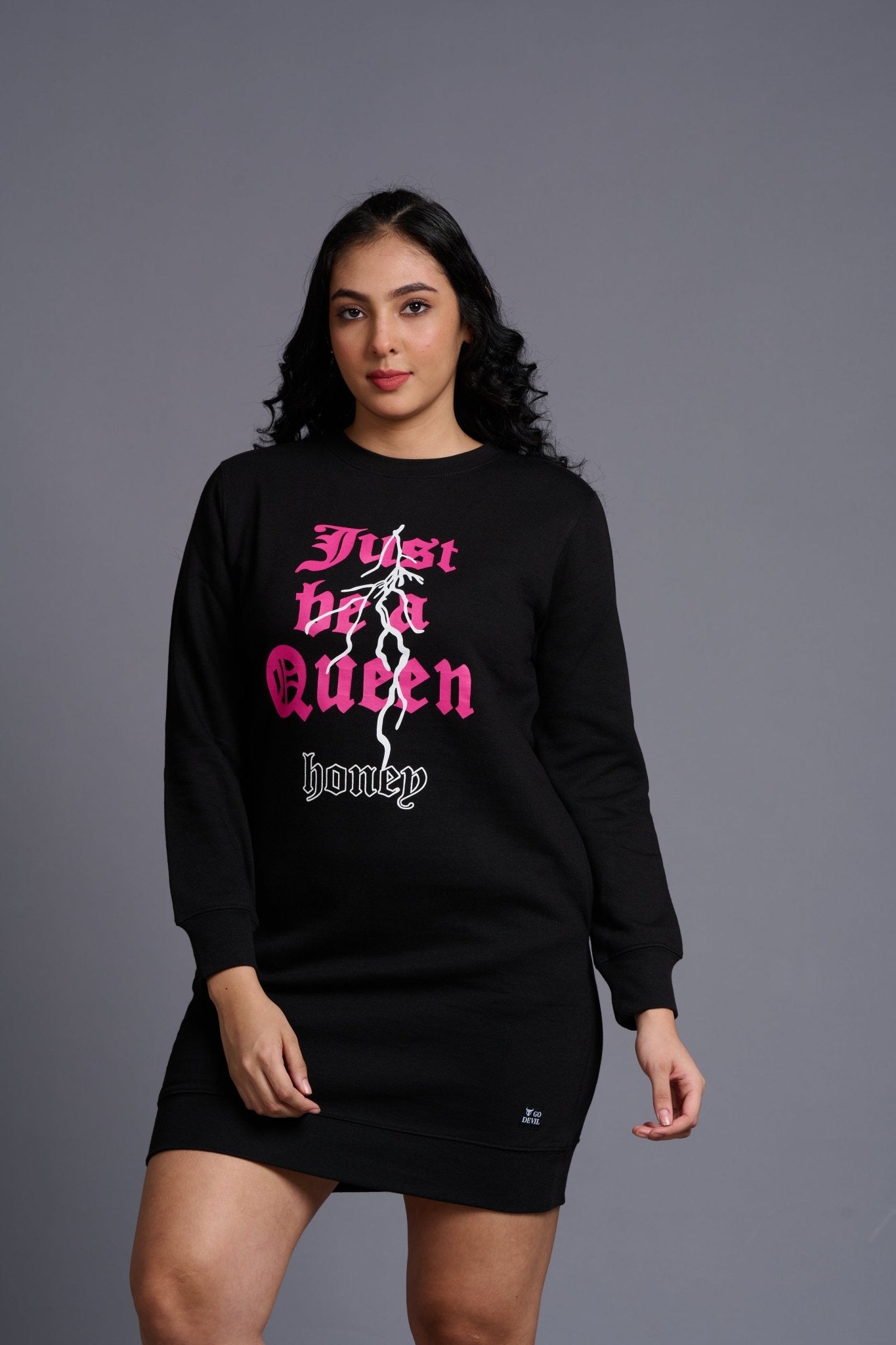 I m Queen Printed Black Sweatdress for Women - Go Devil