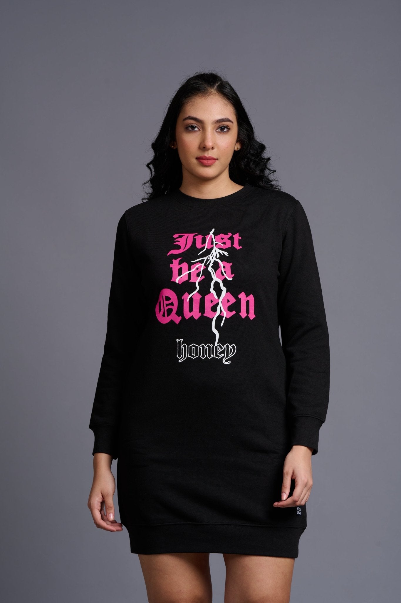 I m Queen Printed Black Sweatdress for Women - Go Devil