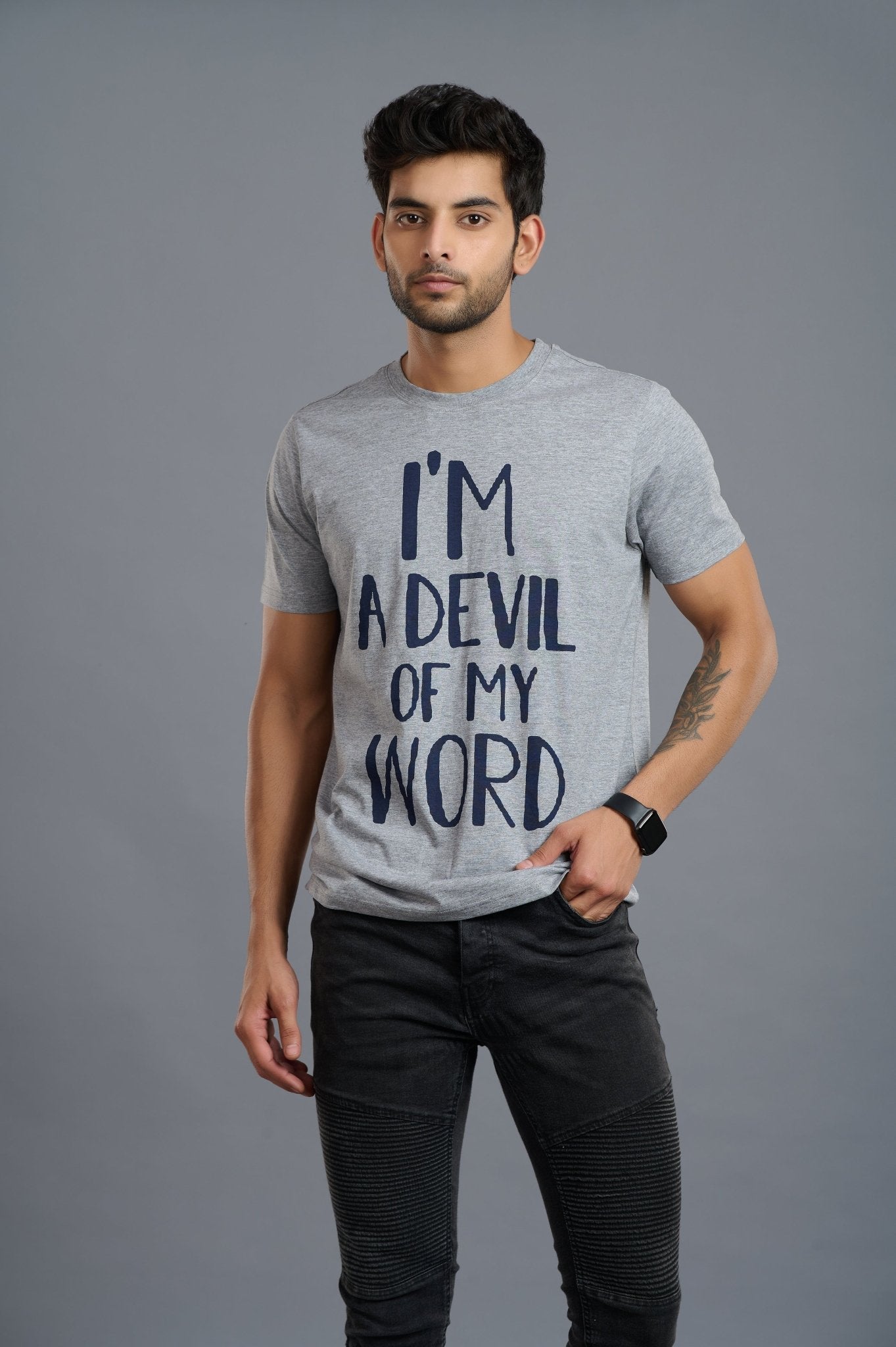 I'm Devil of My Word Printed Grey T-Shirt for Men - Go Devil