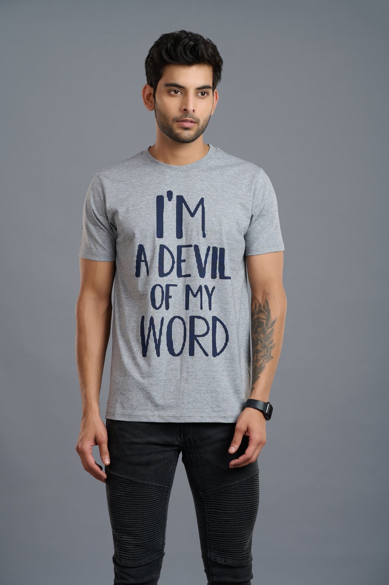 I'm Devil of My Word Printed Grey T-Shirt for Men - Go Devil