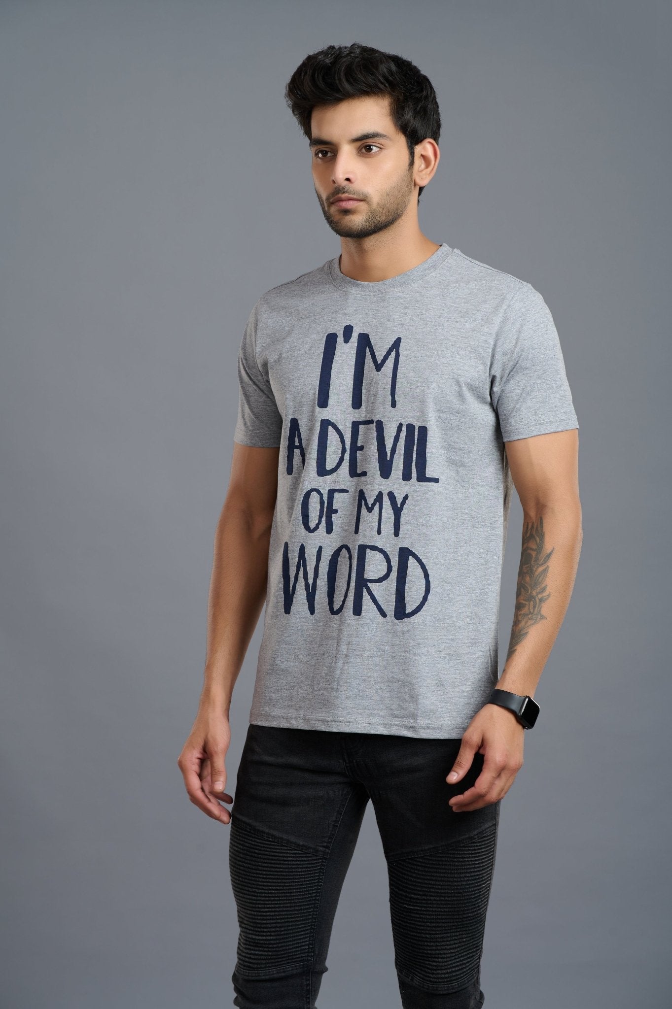 I'm Devil of My Word Printed Grey T-Shirt for Men - Go Devil