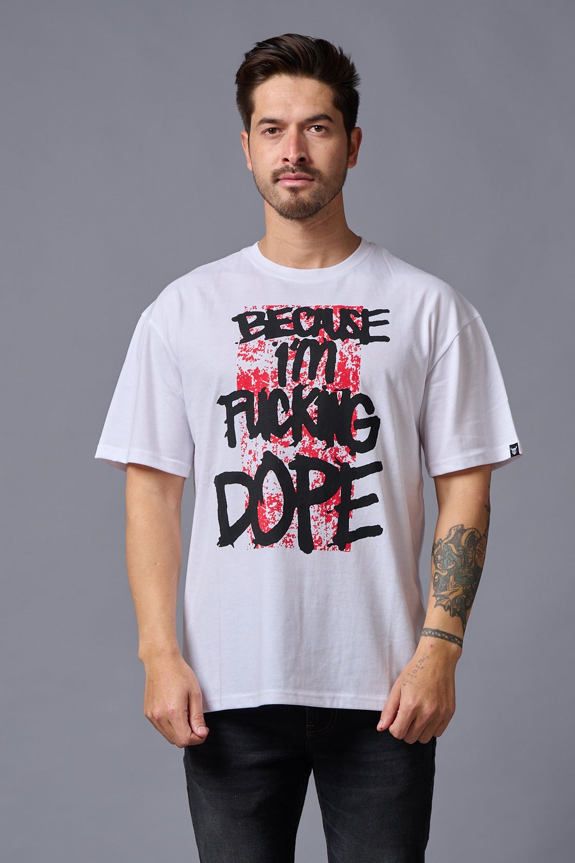 I'm Funking Dope (in Black) Printed White Oversized T-Shirt for Men - Go Devil