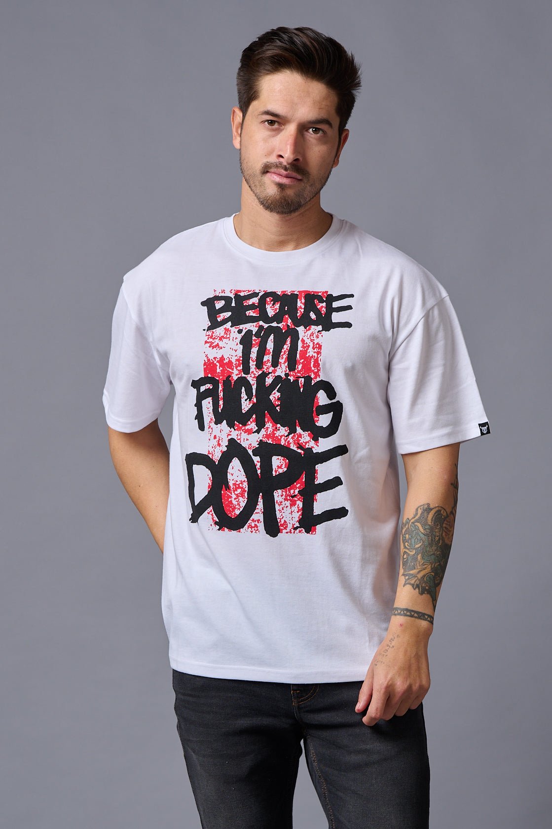 I'm Funking Dope (in Black) Printed White Oversized T-Shirt for Men - Go Devil