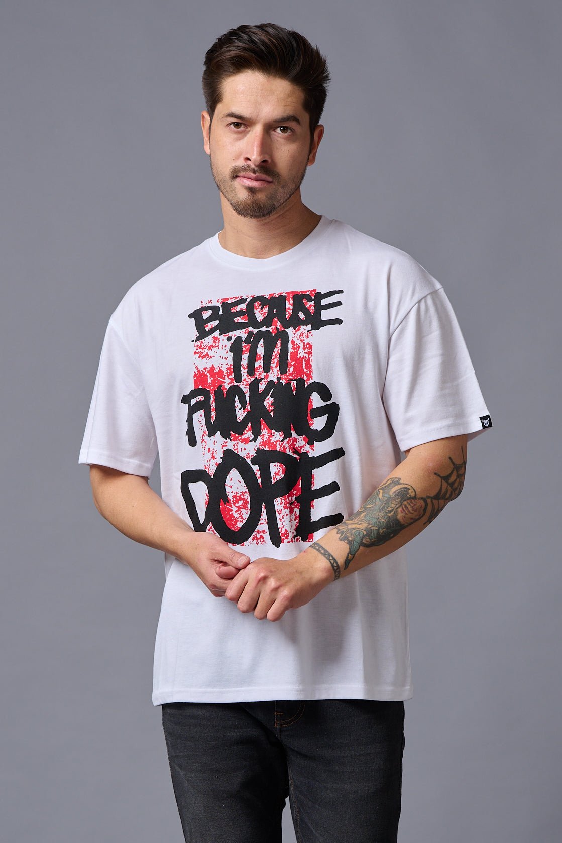 I'm Funking Dope (in Black) Printed White Oversized T-Shirt for Men - Go Devil