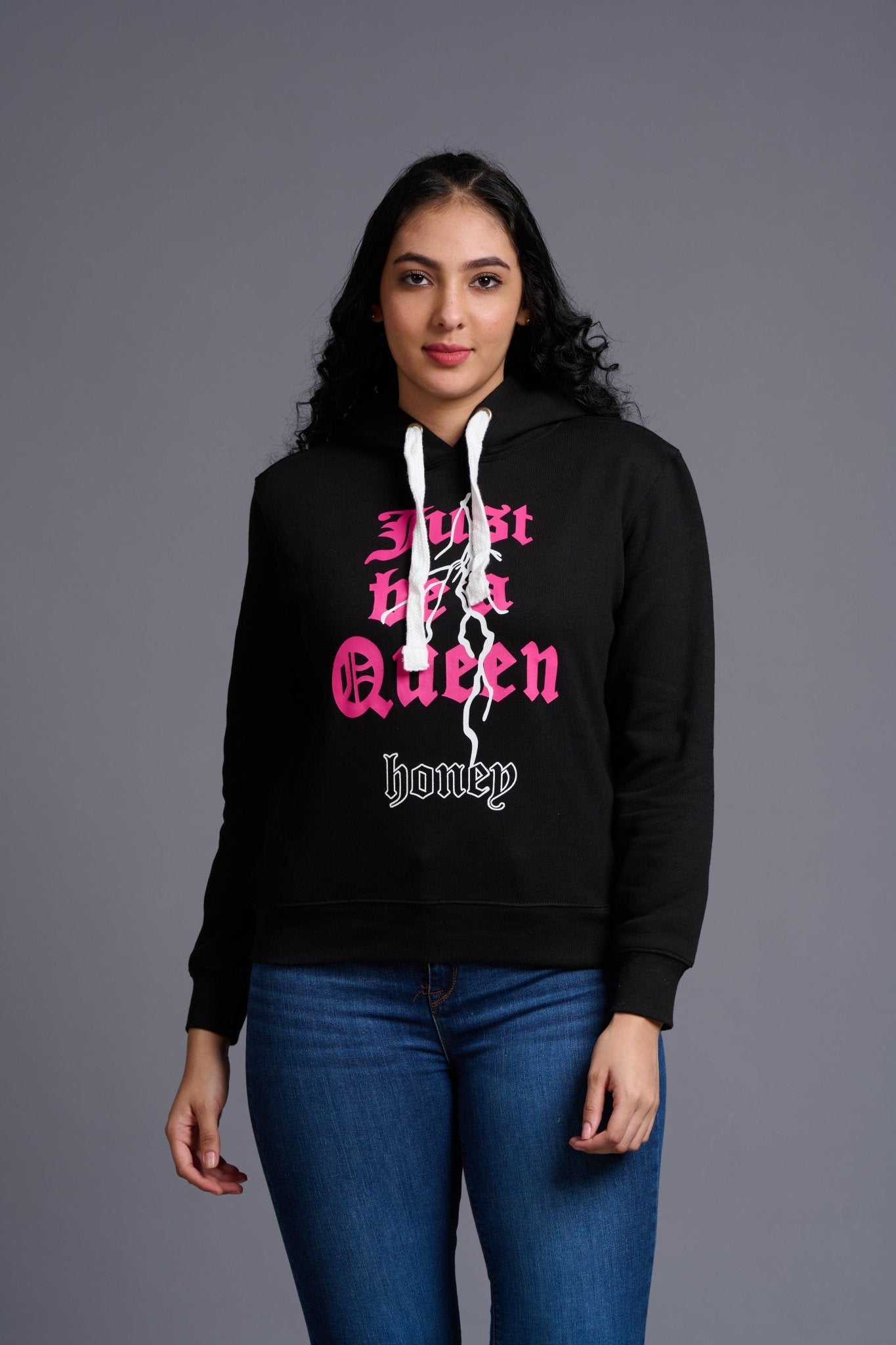 Just Be a Queen Printed Black Hoodie for Women - Go Devil