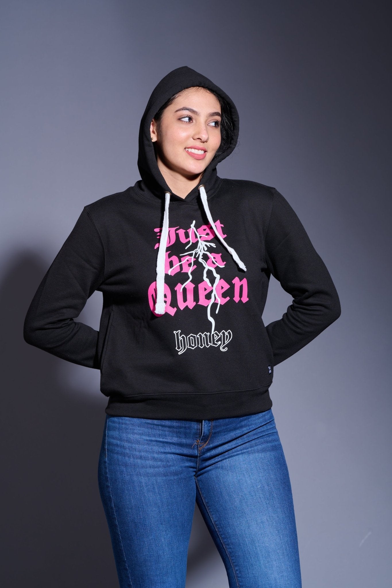 Just Be a Queen Printed Black Hoodie for Women - Go Devil