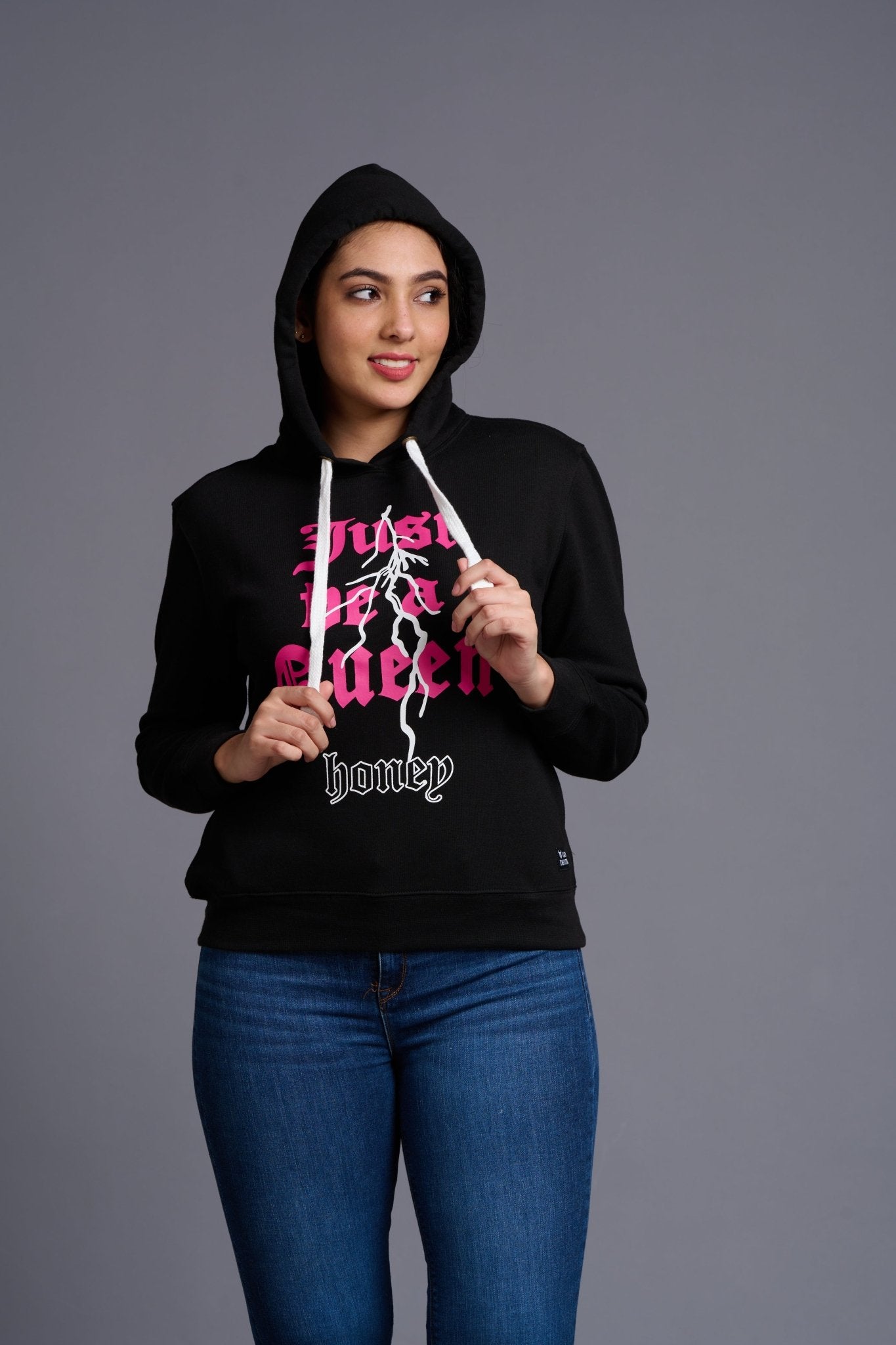 Just Be a Queen Printed Black Hoodie for Women - Go Devil