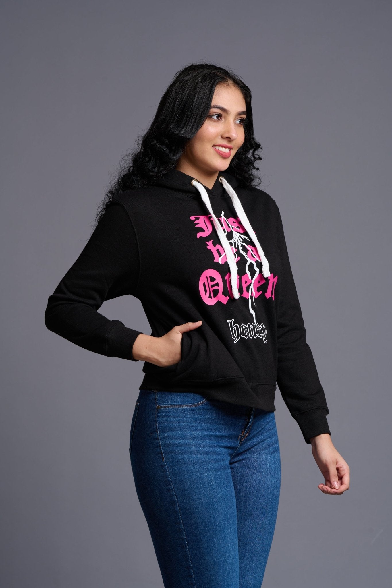 Just Be a Queen Printed Black Hoodie for Women - Go Devil