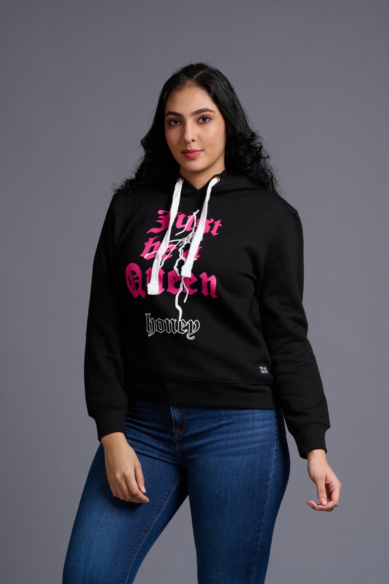 Just Be a Queen Printed Black Hoodie for Women - Go Devil