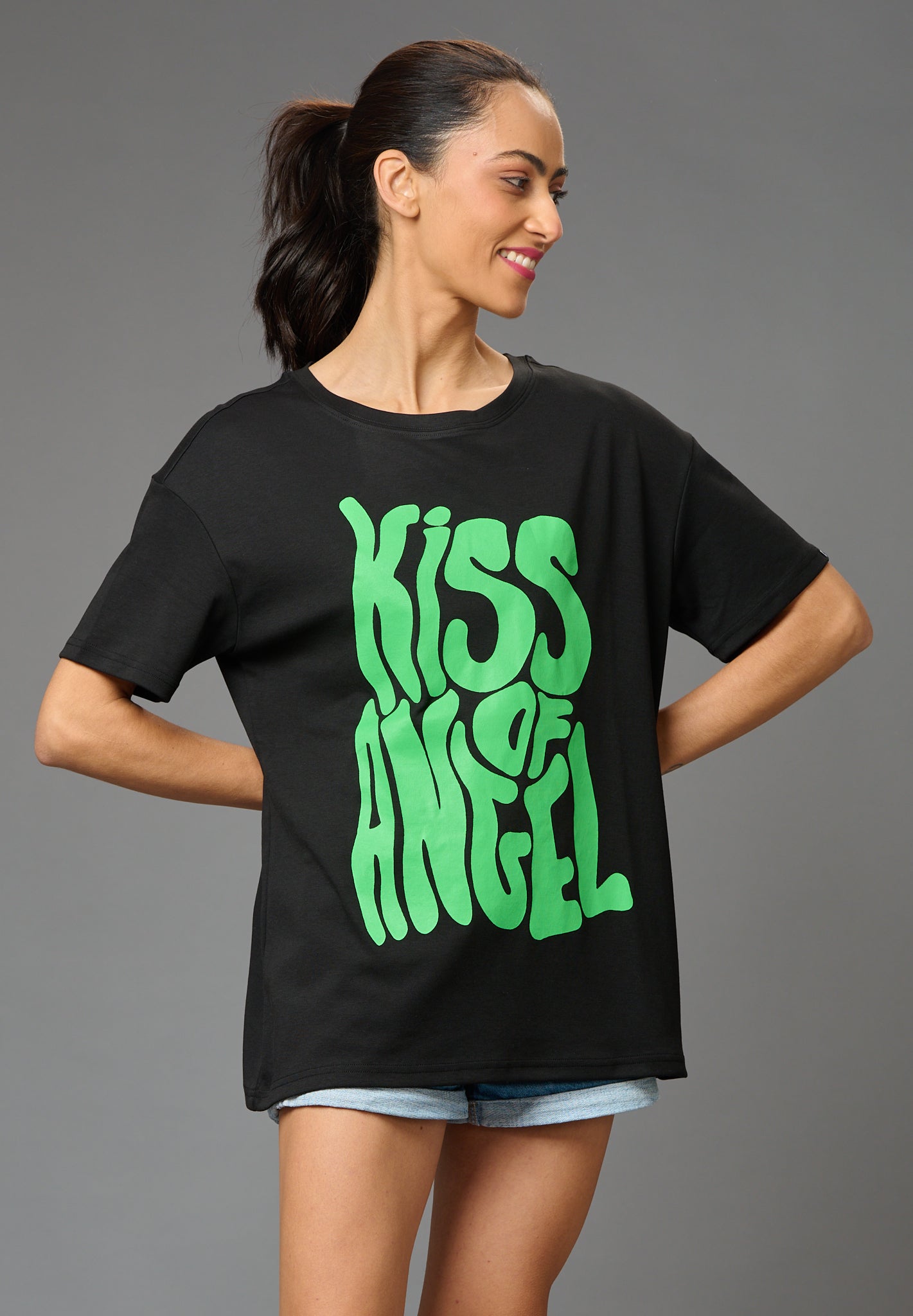 Kiss of An Angel Printed Black Oversized T-Shirt for Women - Go Devil