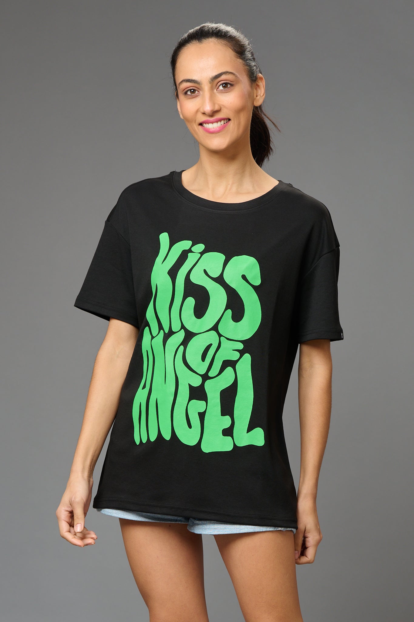 Kiss of An Angel Printed Black Oversized T-Shirt for Women - Go Devil